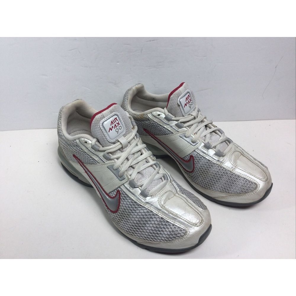 Nike Air Max 90 Trainer Shoes Womens Size 9 Sneakers White Metallic Silver‎ red